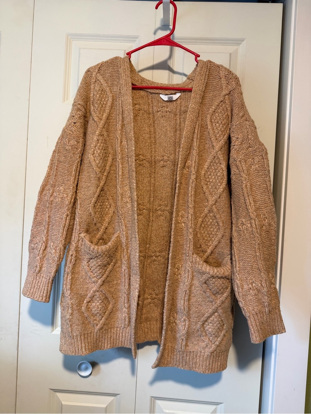 Time and Tru Open-Front Cable Knit Cardigan in Tan